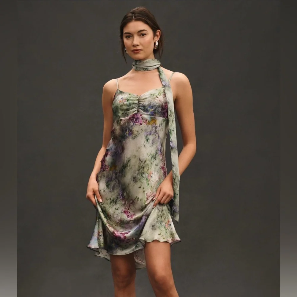 By Anthropologie Sweetheart Neck Scarf Crinkle Midi Dress - Picture 1 of 6